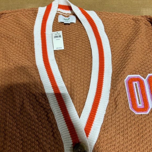 NWT Aerie Varsity Letterman Orange Oversized Cardigan Sweater w/ Pockets "06" - Picture 10 of 10